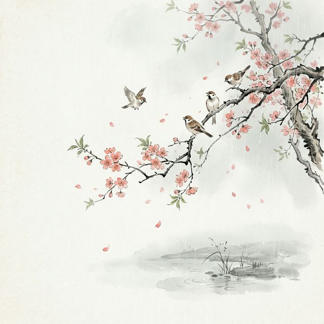 孟浩然《春晓》水墨插画 - 春天 花鸟 晨光