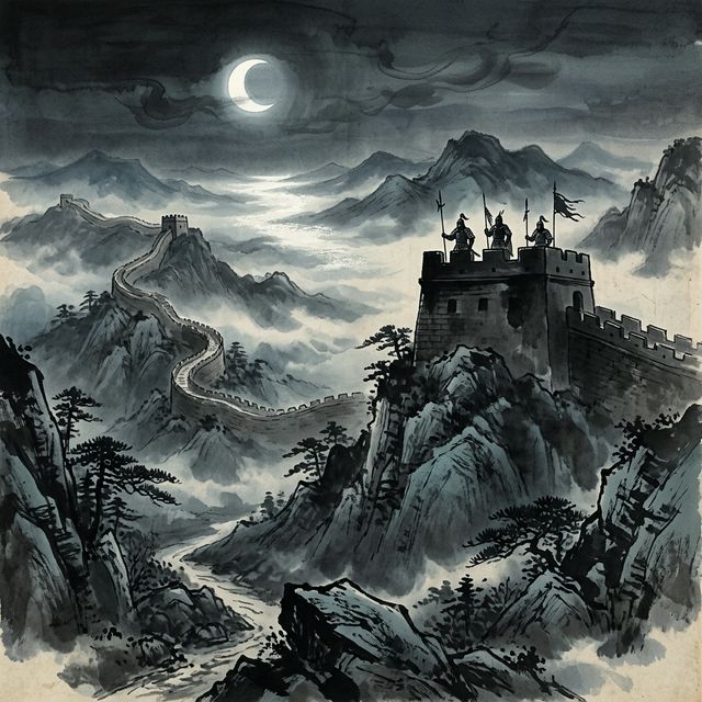 王昌龄《出塞》水墨插画 - 边塞 明月 关塞