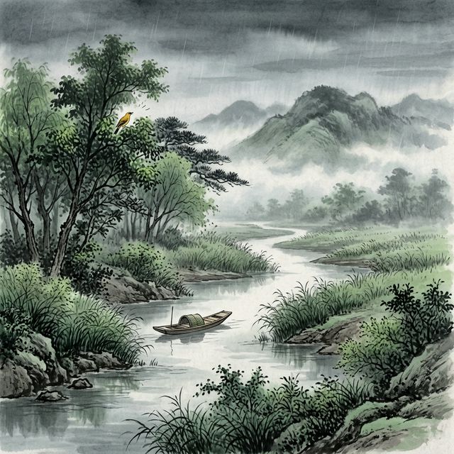 韦应物《滁州西涧》水墨插画 - 涧水 黄鹂 春潮