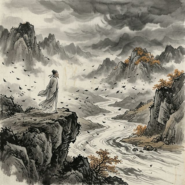 杜甫《登高》水墨插画 - 秋风 落叶 长江