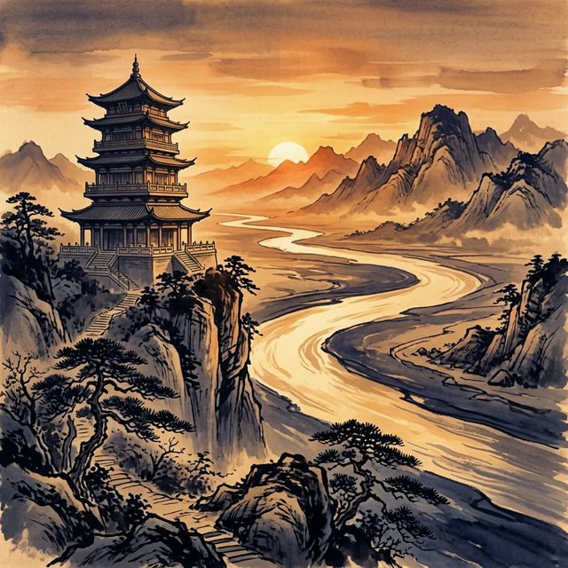 王之涣《登鹳雀楼》水墨插画 - 登高 落日 黄河