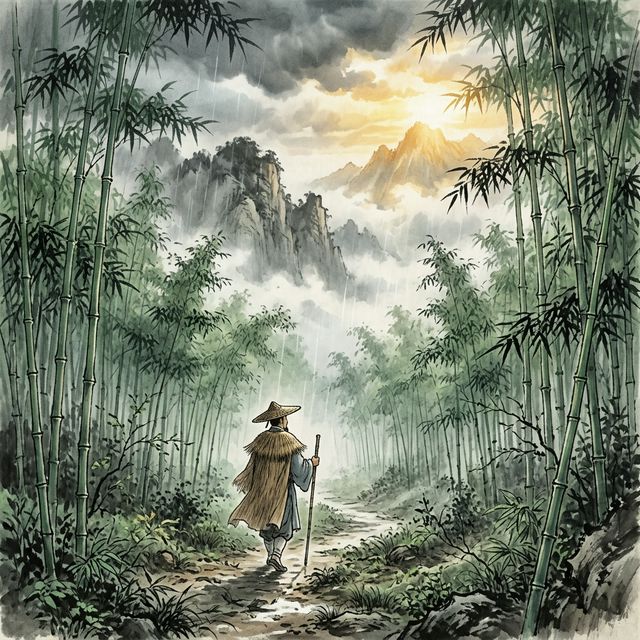 苏轼《定风波》水墨插画 - 风雨 竹杖 斜风