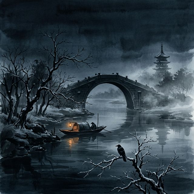 张继《枫桥夜泊》水墨插画 - 秋夜 钟声 枫桥
