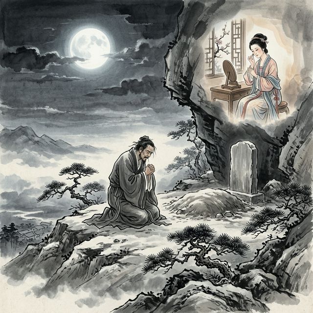 苏轼《江城子·乙卯正月二十日夜记梦》水墨插画 - 悼亡 相思 梦境