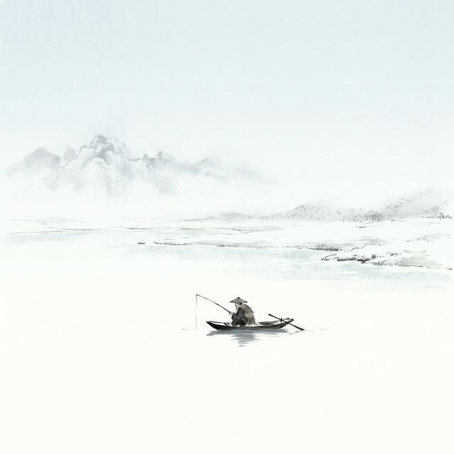 柳宗元《江雪》水墨插画 - 雪景 孤寂 江面
