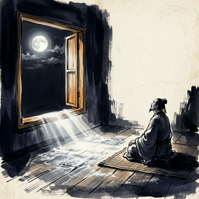 李白《静夜思》水墨插画 - 明月 乡愁 夜色
