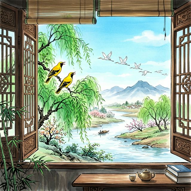 杜甫《绝句》水墨插画 - 春天 黄鹂 白鹭