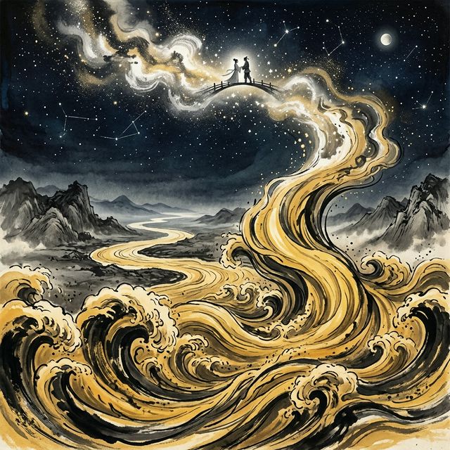 刘禹锡《浪淘沙》水墨插画 - 黄河 银河 牛郎织女