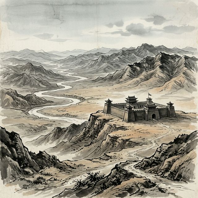 王之涣《凉州词》水墨插画 - 边塞 黄河 羌笛