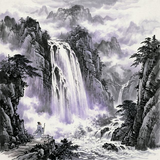 李白《望庐山瀑布》水墨插画 - 瀑布 群山 豪放