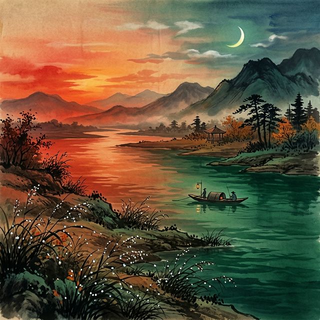 白居易《暮江吟》水墨插画 - 夕阳 江水 露珠