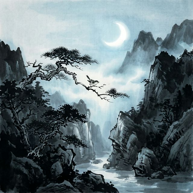 王维《鸟鸣涧》水墨插画 - 春夜 月色 鸟鸣