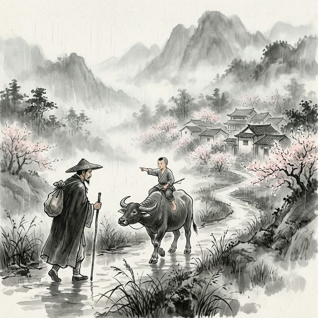 杜牧《清明》水墨插画 - 清明 细雨 杏花村