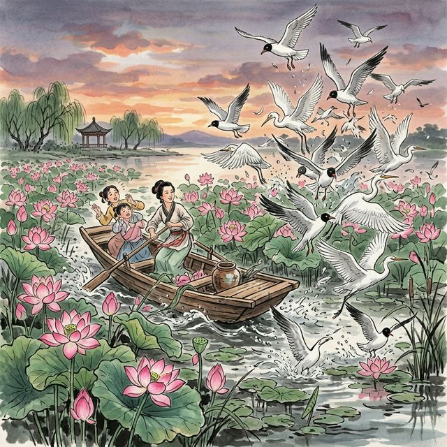 李清照《如梦令》水墨插画 - 荷花 溪亭 白鹭