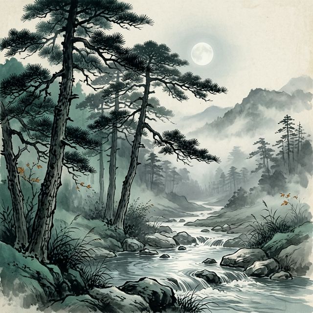 王维《山居秋暝》水墨插画 - 秋山 清泉 明月