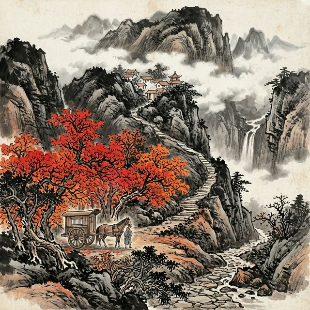 杜牧《山行》水墨插画 - 枫叶 霜林 秋山