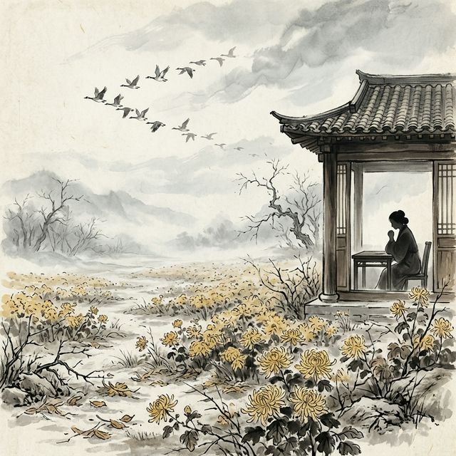 李清照《声声慢》水墨插画 - 秋风 黄花 孤独