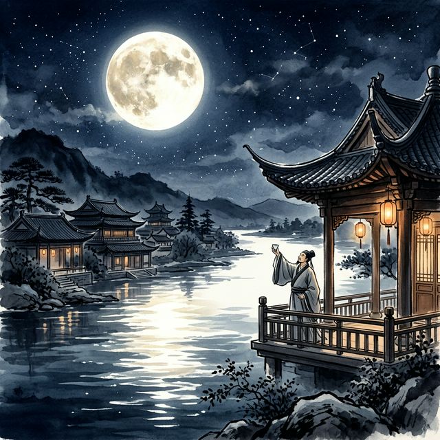 苏轼《水调歌头》水墨插画 - 中秋 明月 旷达