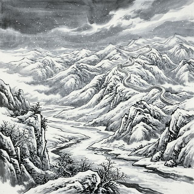 毛泽东《沁园春·雪》水墨插画 - 雪景 山河 英雄