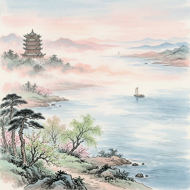李白《黄鹤楼送孟浩然之广陵》水墨插画 - 送别 长江 烟花