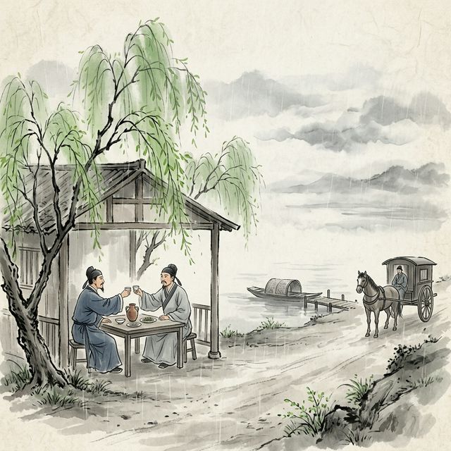 王维《送元二使安西》水墨插画 - 送别 渭城 杨柳