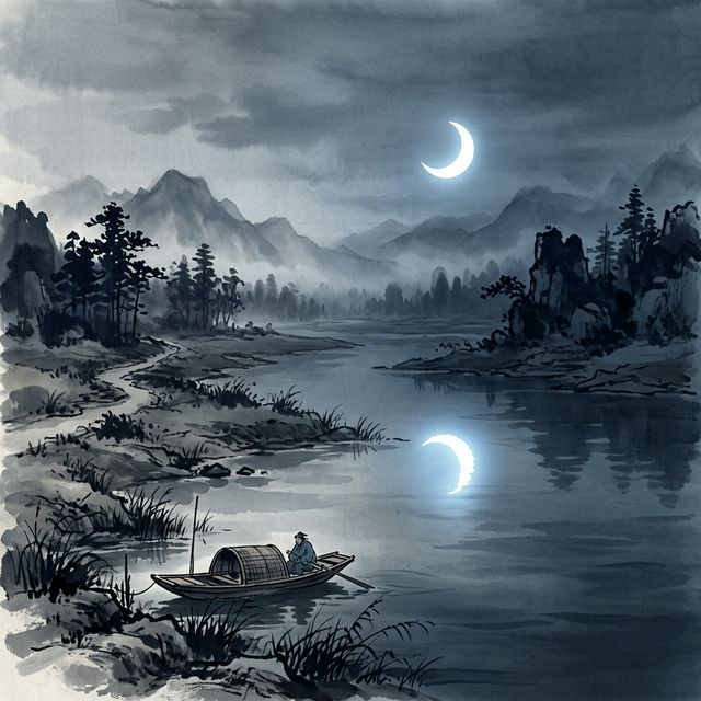 孟浩然《宿建德江》水墨插画 - 江边 月色 旅途