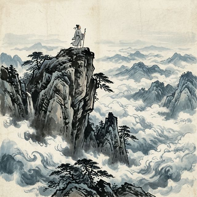 杜甫《望岳》水墨插画 - 泰山 登高 壮志
