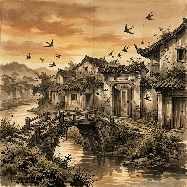 刘禹锡《乌衣巷》水墨插画 - 燕子 怀古 兴衰