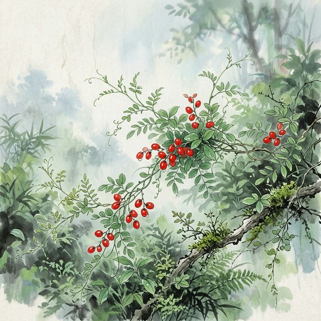 王维《相思》水墨插画 - 红豆 思念 春天