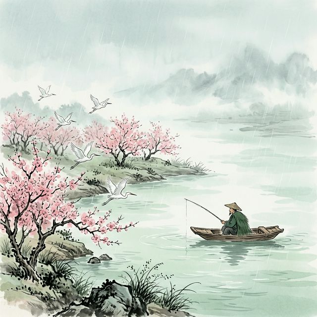 张志和《渔歌子》水墨插画 - 江南 渔舟 白鹭