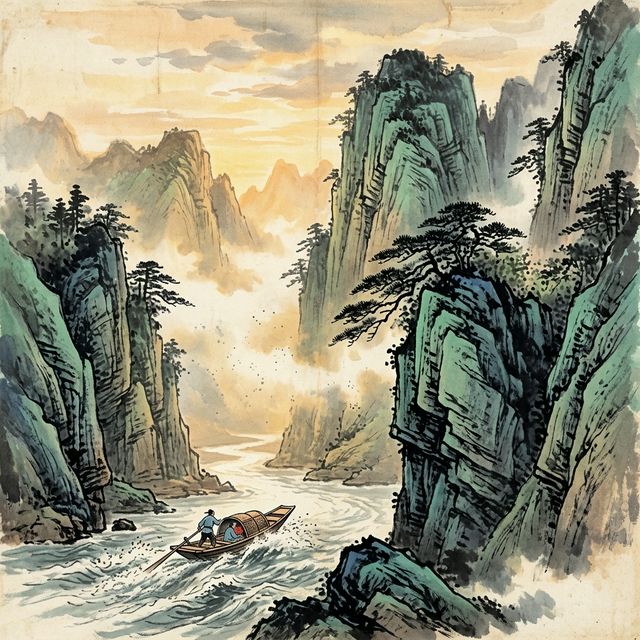 李白《早发白帝城》水墨插画 - 三峡 猿声 轻舟