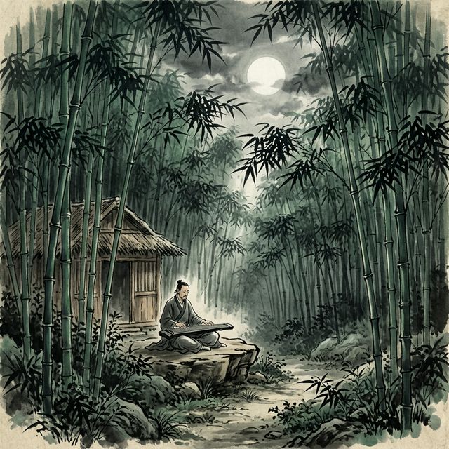 王维《竹里馆》水墨插画 - 竹林 琴声 月色